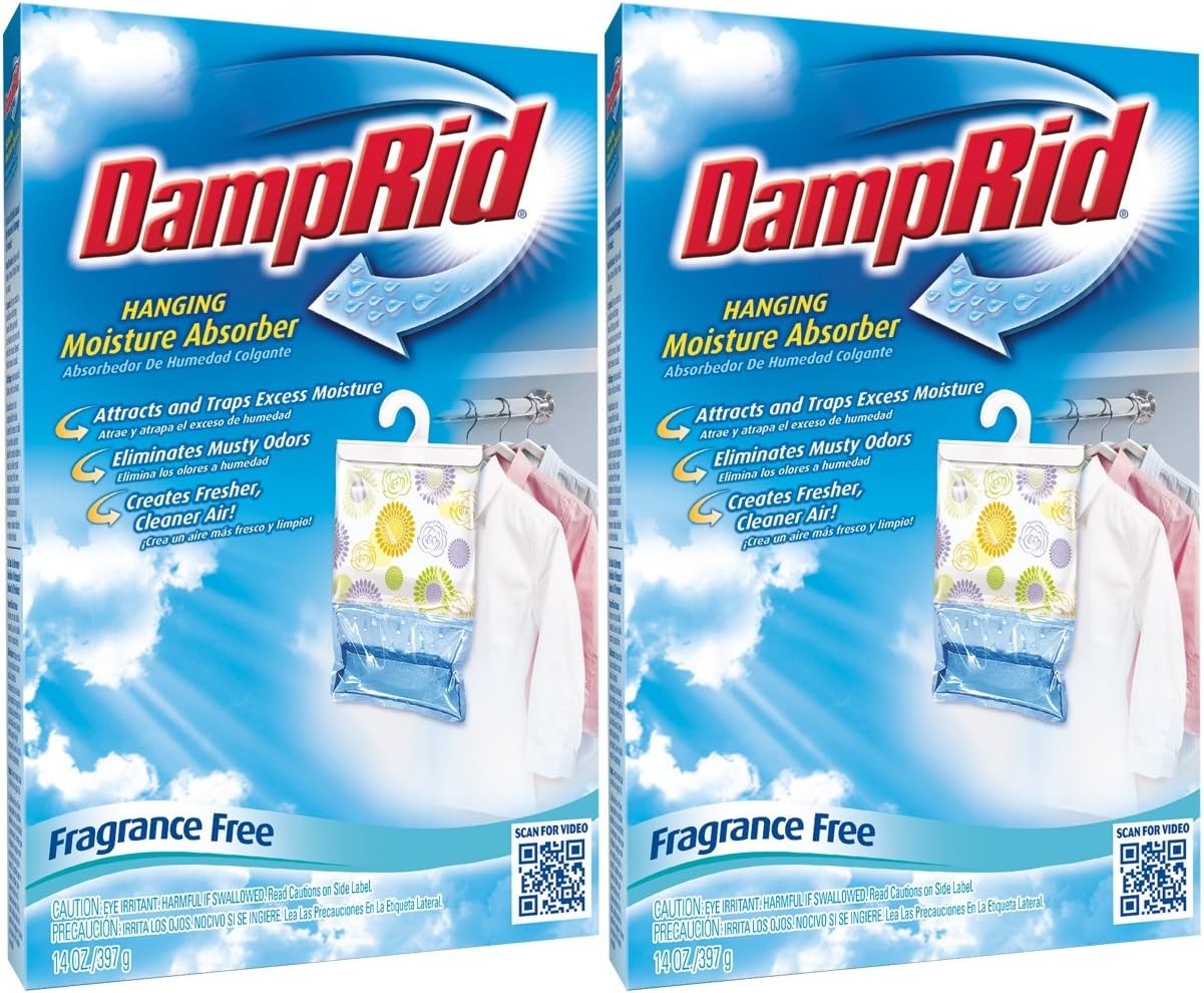 DampRid Damp Rid Hanging Moisture Absorber, Fragrance Free, 14 oz (2 pack)