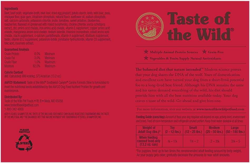 TASTE OF THE WILD SOUTHWEST CANYON STEW DOG FORMULA - 12 cans of 13.2 OZ