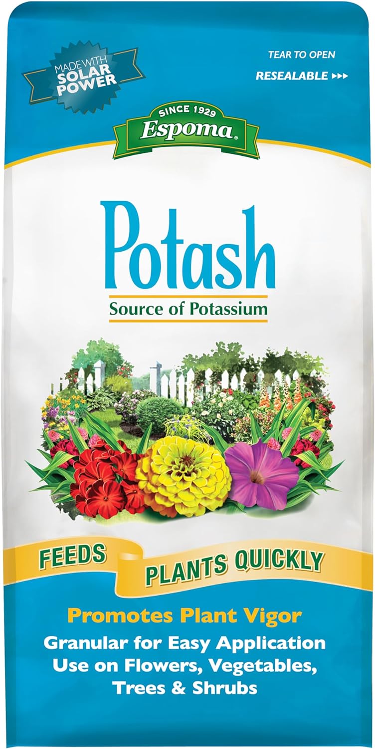 Espoma Potash 0-0-60 potassium fertilizer. Use for all plants requiring potash supplement including Trees, Shrubs, Vegetables and Flowers. 6 lb. Bag